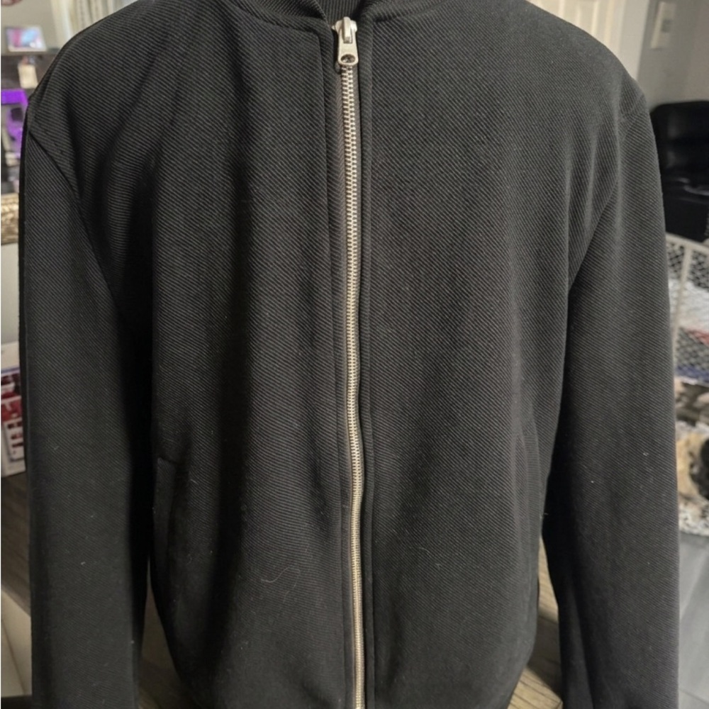 Zara Men's Black Zip-Up textured Sweater